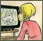 Illustrazione di una ragazza che guarda la televisione che trasmette un documentario sugli orsi